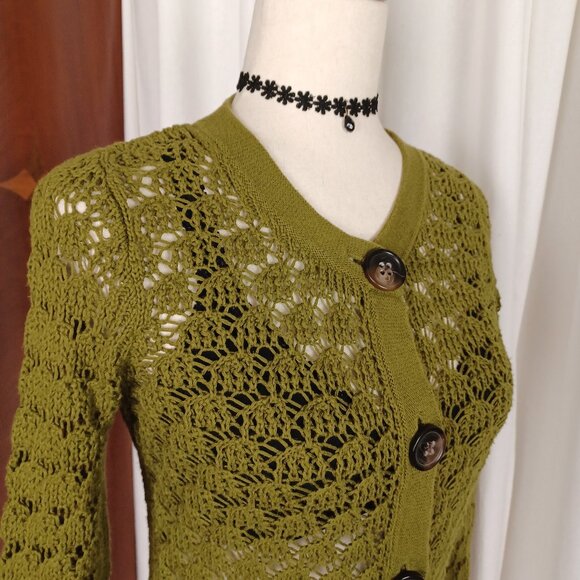 Vintage Sweaters - Vintage 100% Cotton Pointelle Knit Cardigan, Olive Green, XS/S